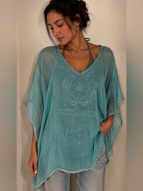 Sheer Boho Embroidered V-Neck Tunic — Aqua